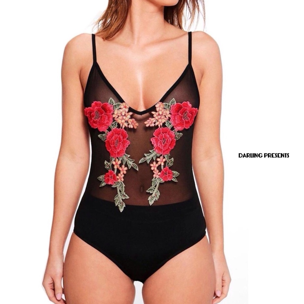 Floral Mesh Bodysuit Women Color Black Size M